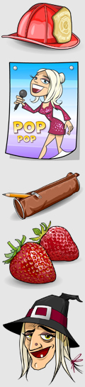 helmet, poster, pencil case, strawberries, witch